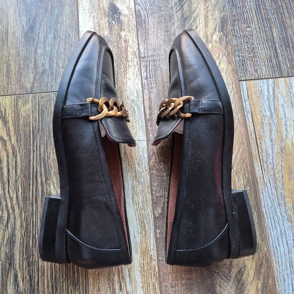 Vionic Mizelle Black Leather Loafer Comfort Arch Support Gold-Tone Chunky Chain - Picture 5 of 12